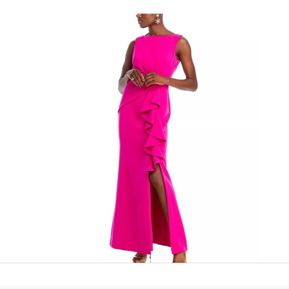Eliza J magenta pink long formal gown scuba material with ruffle on front